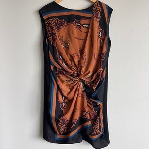 🔥 Pinkyotto Orange Print Faux Silk Scarf Knot Mini dress - size small/medium